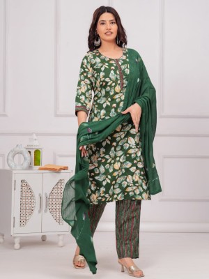 Green Color Floral Printed Indian Straight Ethnic Salwar Kameez Kurti Pant Malmal Dupatta Set for Women