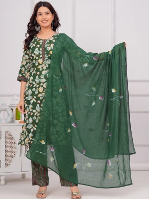 Green Color Floral Printed Indian Straight Ethnic Salwar Kameez Kurti Pant Malmal Dupatta Set for Women