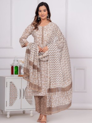 Mona Grey Color Floral Printed Indian Straight Ethnic Salwar Kameez Kurti Pant Malmal Dupatta Set for Women