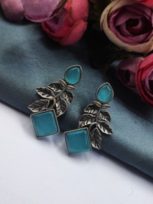 Designer Leaf Monalisa Stone Stud Earrings Silver Replica Brass Oxidised Drop Earring For Women