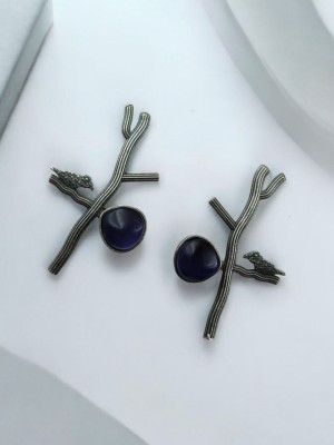 Trendy Love Birdie Twig Earrings Antique Silver Replica Brass Monalisa Stone Stud