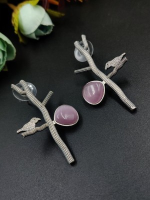 Trendy Love Birdie Twig Earrings Antique Silver Replica Brass Monalisa Stone Stud