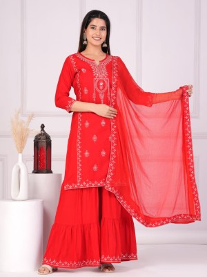 Suhagan Red Color Kurti Sharara Dupatta Rayon Designer Embroidered Salwar Kameez Suit Set for Karwa Chauth 