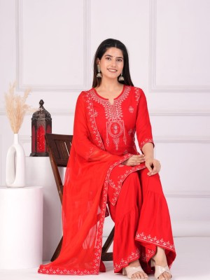 Suhagan Red Color Kurti Sharara Dupatta Rayon Designer Embroidered Salwar Kameez Suit Set for Karwa Chauth 