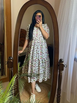 Nisha White Elephants Jaipuri Printed Half Sleeves Midi Gown Kurti Casual Wear Dress for Women