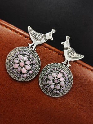 Indian Peacock Silver Replica Brass Drop Stud Bohochic Stonework Earrings for Women