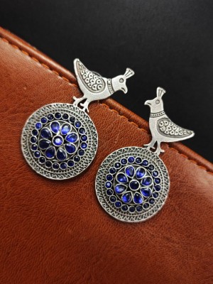 Indian Peacock Silver Replica Brass Drop Stud Bohochic Stonework Earrings for Women