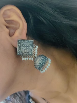 Bollywood Bohochic Silver Replica Brass Jhumka Indian Ethnic Jumki Earrings with Pearl Beads Drop