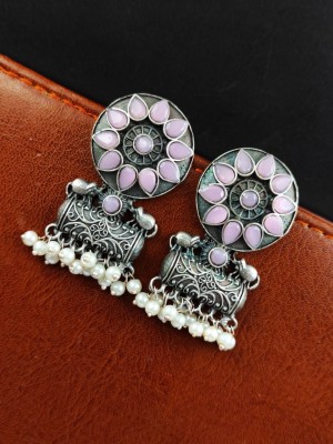 Indian Gypsy Silver Replica Brass Pearl Beads Drop Stone Work Ethnic Earrings for Women