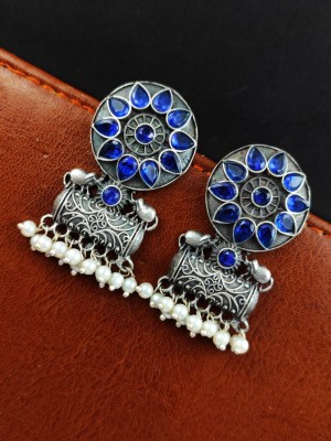 Indian Gypsy Silver Replica Brass Pearl Beads Drop Stone Work Ethnic Earrings for Women