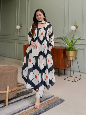 Black & White Color Floral Printed Cotton Kurti Pant Dupatta Salwar Kameez Suit Online