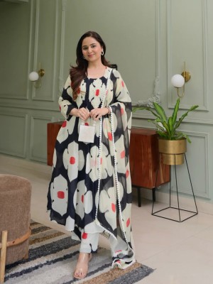 Black & White Color Floral Printed Cotton Kurti Pant Dupatta Salwar Kameez Suit Online