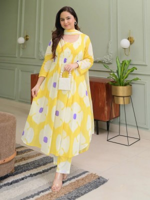 Yellow & White Color Floral Printed Cotton Kurti Pant Dupatta Salwar Kameez Suit Online