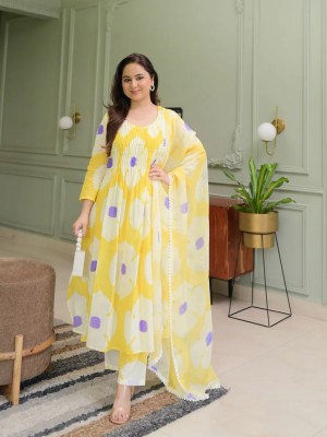 Yellow & White Color Floral Printed Cotton Kurti Pant Dupatta Salwar Kameez Suit Online