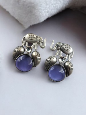 Traditional Indian Elephant Silver Oxidised Stud Monalisa Stone Earrings for Women