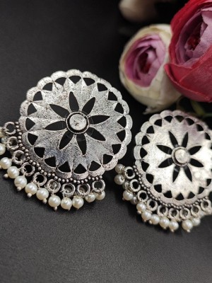 Vintage Gypsy Silver Oxidised Round Stud Pearl Beads Drop Tribal Earrings