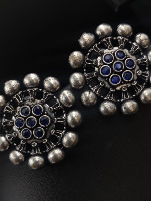 Lovely Silver Oxidised Round Stud Stone Work Bohemian Earrings