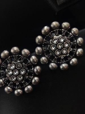 Lovely Silver Oxidised Round Stud Stone Work Bohemian Earrings