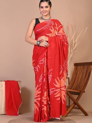 Kanishka Red Hand Block Printed Cotton Mulmul Saree with Unstitched Blouse Piece