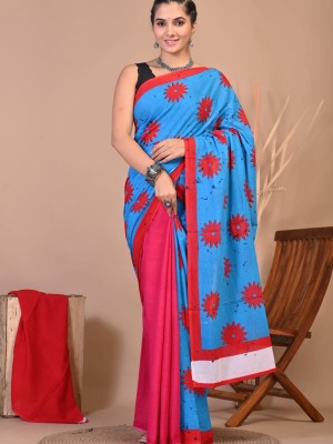 Blue Pink Hand Block Printed Cotton Mulmul Saree with Unstitched Blouse Piece