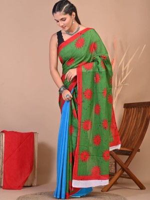 Green Blue Hand Block Printed Cotton Mulmul Saree with Unstitched Blouse Piece