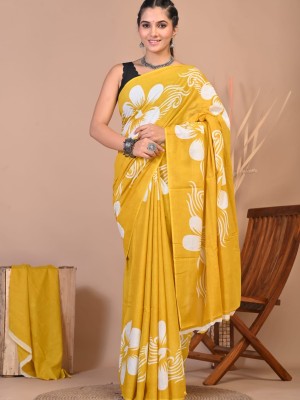 Yellow Hand Block Printed Cotton Mulmul Saree with Unstitched Blouse Piece