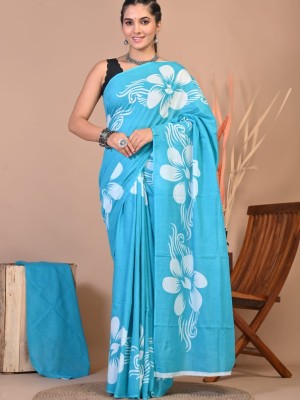 Blue Floral Hand Block Printed Cotton Mulmul Saree with Unstitched Blouse Piece