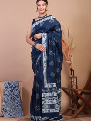 Blue Floral Hand Block Printed Cotton Mulmul Saree with Unstitched Blouse Piece