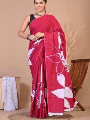 Pink Hand Block Printed Cotton Mulmul Saree with Unstitched Blouse Piece