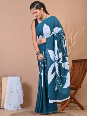 Blue Floral Hand Block Printed Cotton Mulmul Saree with Unstitched Blouse Piece