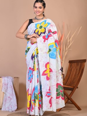 Multi Color Floral Hand Block Printed Cotton Mulmul Saree with Unstitched Blouse Piece