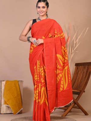 Maahi Red Floral Hand Block Printed Cotton Mulmul Saree with Unstitched Blouse Piece