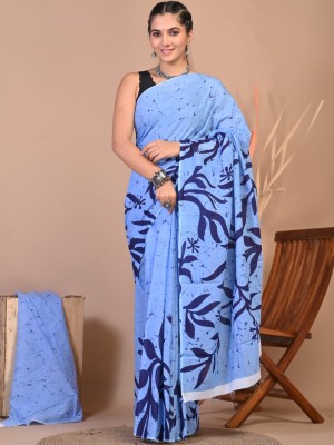 Piya Blue Hand Block Printed Cotton Mulmul Mul Saree with Unstitched Blouse Piece