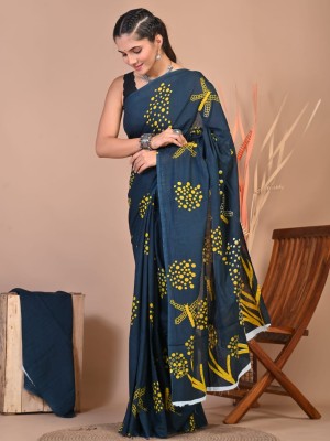 Sahiba Dark Blue Hand Block Printed Cotton Mulmul Mul Saree with Unstitched Blouse Piece