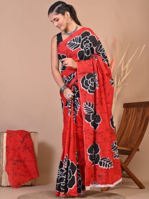 Priya Red Hand Block Printed Cotton Mulmul Mul Saree with Unstitched Blouse Piece