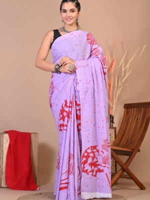 Kavita Sky Blue Hand Block Printed Cotton Mulmul Mul Saree with Unstitched Blouse Piece