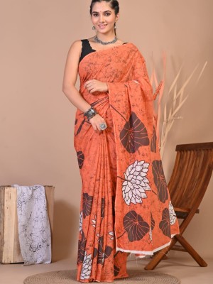 Gauri Red Hand Block Floral Printed Cotton Mulmul Mul Saree with Unstitched Blouse Piece