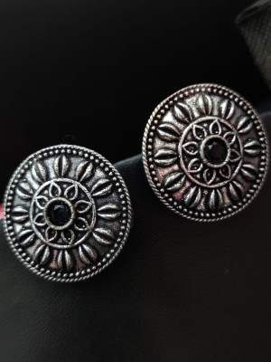 Round Bohemian Mandala Stud Silver Oxidised Earrings Bohochic Jewellery