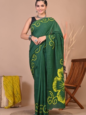 Nirmohi Green Flower Hand Block Printed Cotton Mulmul Mul Saree with Unstitched Blouse Piece