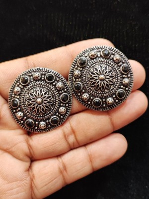 Round Mandala Chakra Stud Silver Oxidised Brass Earrings Beautiful Stone Jewlery