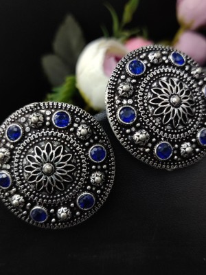 Round Mandala Chakra Stud Silver Oxidised Brass Earrings Beautiful Stone Jewlery