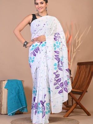 Mahiya White Blue Hand Block Floral Printed Cotton Mulmul Mul Saree with Unstitched Blouse Piece