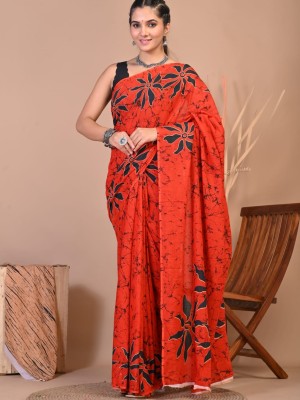 Sathiya Red Hand Block Floral Printed Cotton Mulmul Mul Saree with Unstitched Blouse Piece