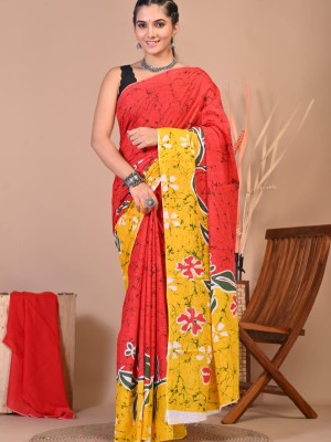 Aditi Multi Color Hand Block Floral Printed Cotton Mulmul Mul Saree with Unstitched Blouse Piece