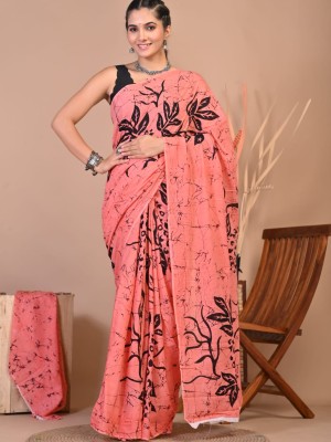 Sara Pink Color Hand Block Floral Printed Cotton Mulmul Mul Saree with Unstitched Blouse Piece