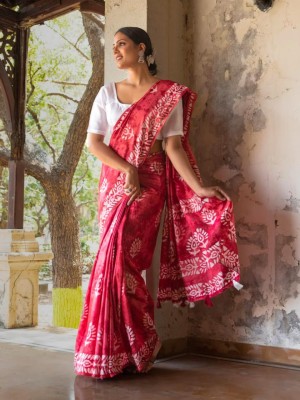 Alia Pink Color Hand Block Floral Printed Cotton Mulmul Mul Saree with Unstitched Blouse Piece