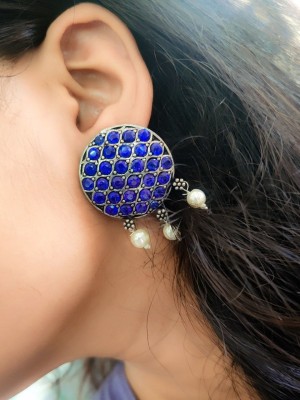 Unique Indian Jewellery Stone Work Silver Oxidised Stud Pearl Ghunghroo Drop Earrings