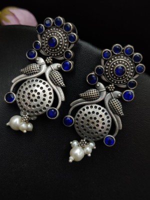 Traditional Indian Peacock Jewellery Stone Work Silver Oxidised Dangler Pearl Ghunghroo Drop Earrings