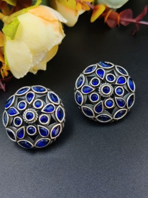 Antique Premium Quality Boho Round Mandala Stud Silver Oxidised Tops Earrings Push Back Stone Jewlery