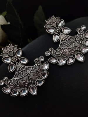 Designer Vintage Silver Oxidised Indian Lotus Dangler Jewellery Stone Work Earrings